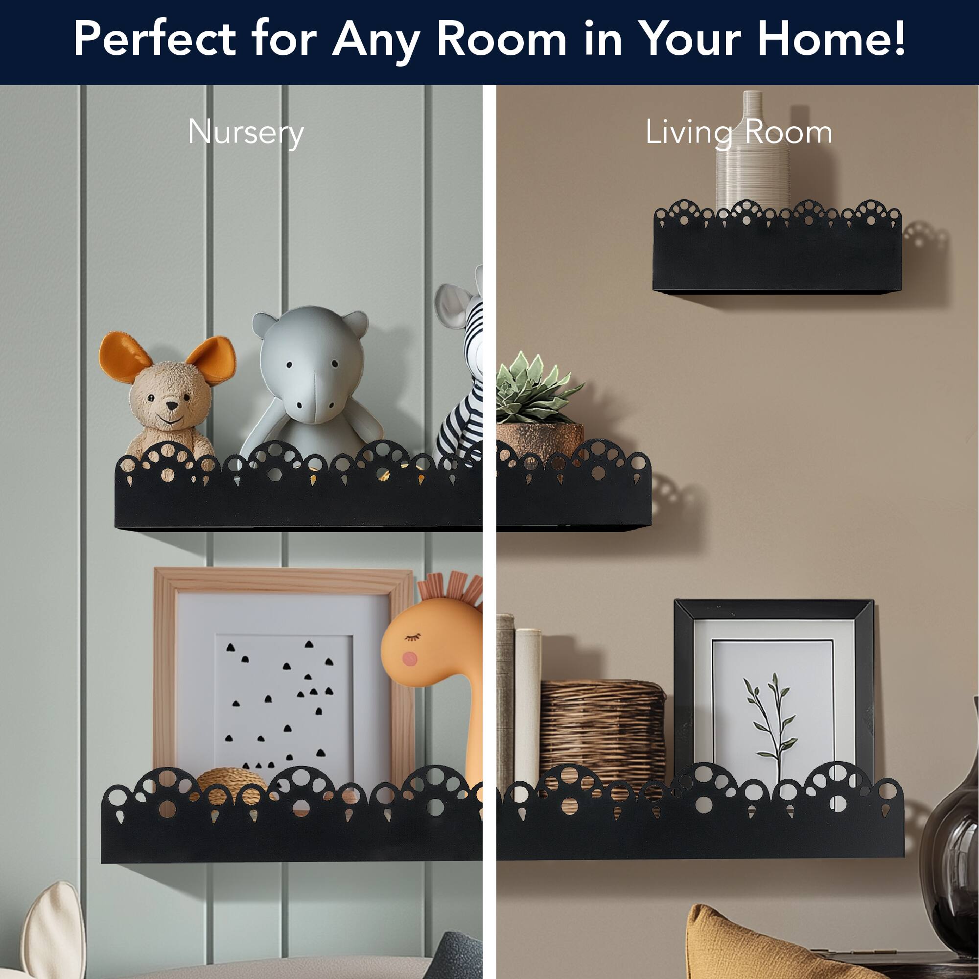 American Art Decor Scallop Metal Floating Shelves, 3pc Picture Ledge Set, Black - 3" x 5" x 24"
